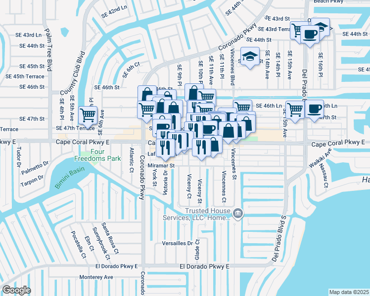 map of restaurants, bars, coffee shops, grocery stores, and more near 4813 Candia Street in Cape Coral