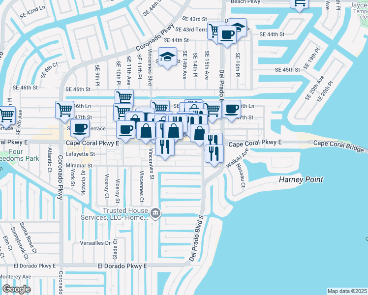 map of restaurants, bars, coffee shops, grocery stores, and more near 1419 Lafayette Street in Cape Coral