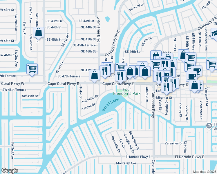map of restaurants, bars, coffee shops, grocery stores, and more near 440 Cape Coral Parkway East in Cape Coral