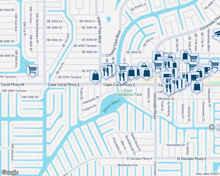 map of restaurants, bars, coffee shops, grocery stores, and more near 440 Cape Coral Parkway East in Cape Coral