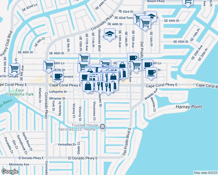 map of restaurants, bars, coffee shops, grocery stores, and more near 1211 Lafayette Street in Cape Coral