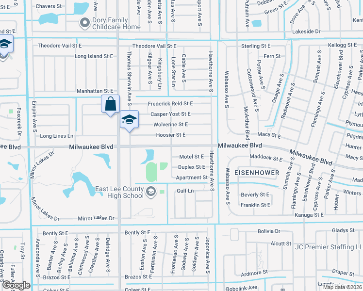 map of restaurants, bars, coffee shops, grocery stores, and more near 856 Milwaukee Boulevard in Lehigh Acres