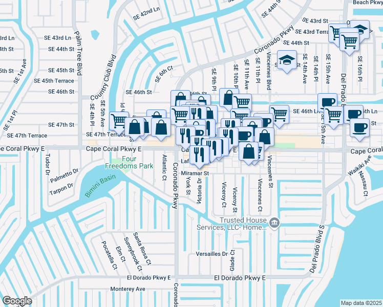 map of restaurants, bars, coffee shops, grocery stores, and more near 811 Lafayette Street in Cape Coral