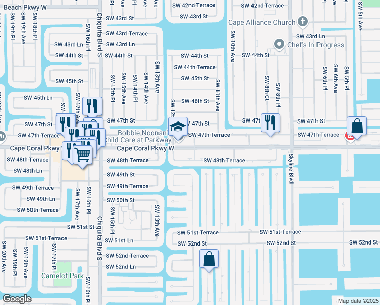 map of restaurants, bars, coffee shops, grocery stores, and more near 1202 Cape Coral Parkway West in Cape Coral