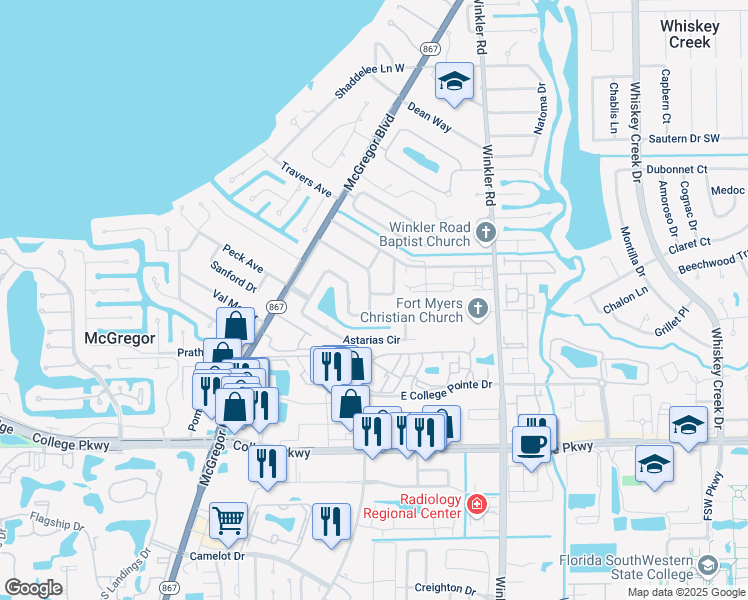 map of restaurants, bars, coffee shops, grocery stores, and more near 810 Indiana Avenue in Fort Myers