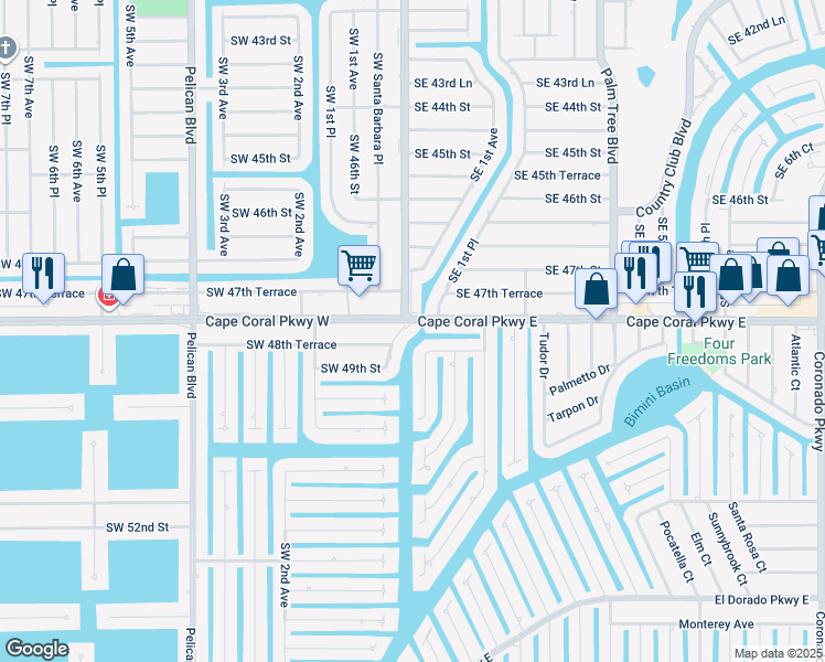 map of restaurants, bars, coffee shops, grocery stores, and more near 203 Santa Monica Court in Cape Coral