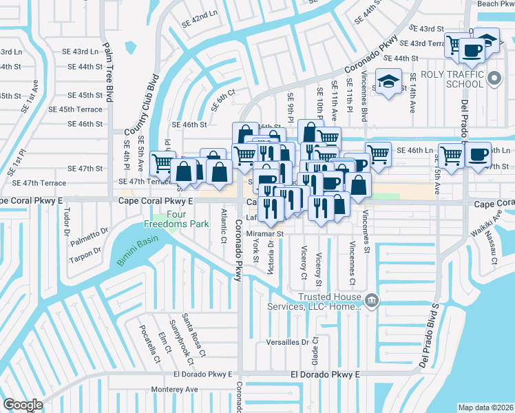 map of restaurants, bars, coffee shops, grocery stores, and more near 811 Lafayette Street in Cape Coral