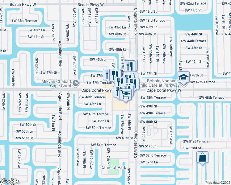 map of restaurants, bars, coffee shops, grocery stores, and more near 1716 Cape Coral Parkway West in Cape Coral