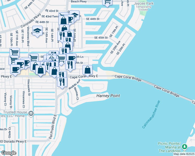 map of restaurants, bars, coffee shops, grocery stores, and more near 1749 Bikini Court in Cape Coral
