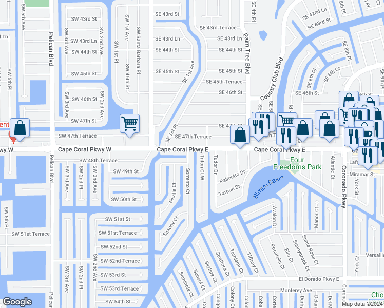 map of restaurants, bars, coffee shops, grocery stores, and more near 4811 Sorrento Court in Cape Coral