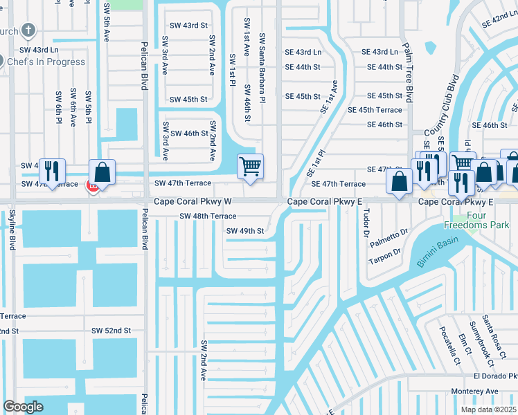 map of restaurants, bars, coffee shops, grocery stores, and more near 125 Southwest 48th Terrace in Cape Coral