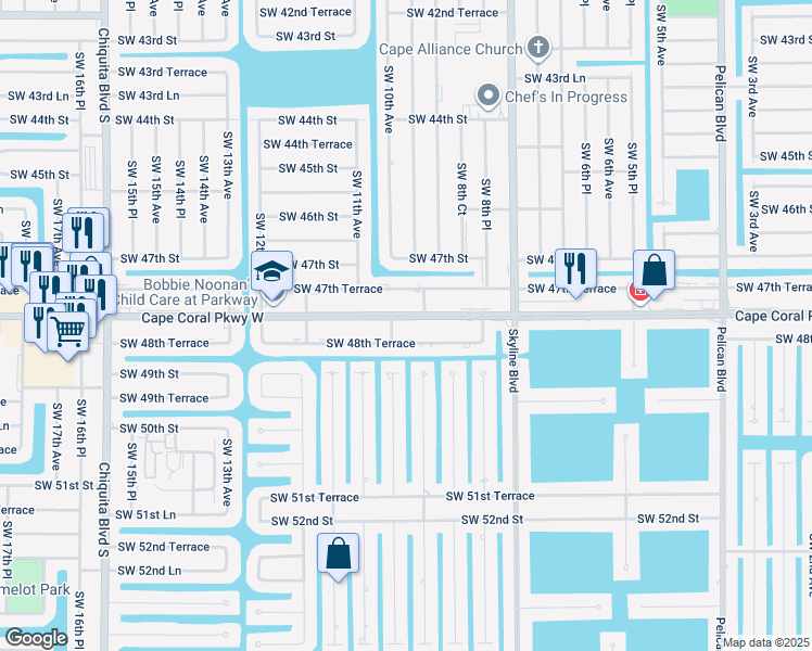 map of restaurants, bars, coffee shops, grocery stores, and more near 917 Southwest 48th Terrace in Cape Coral