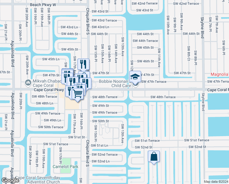 map of restaurants, bars, coffee shops, grocery stores, and more near 1429 Southwest 48th Terrace in Cape Coral