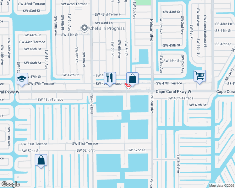 map of restaurants, bars, coffee shops, grocery stores, and more near 606 Cape Coral Parkway West in Cape Coral