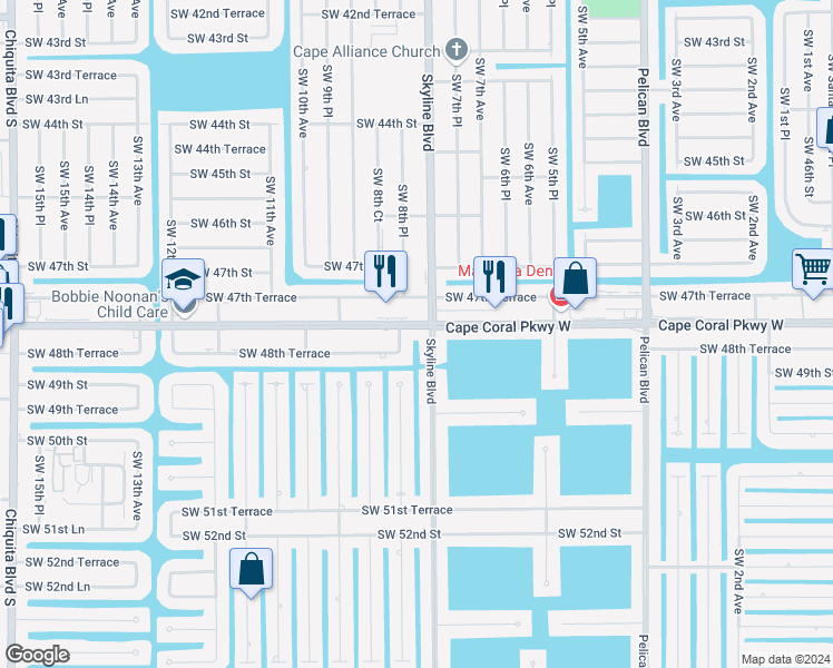 map of restaurants, bars, coffee shops, grocery stores, and more near 808 Cape Coral Parkway West in Cape Coral