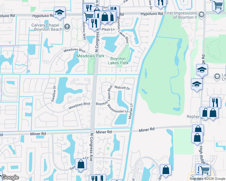 map of restaurants, bars, coffee shops, grocery stores, and more near 2 Fawlkland Circle in Boynton Beach
