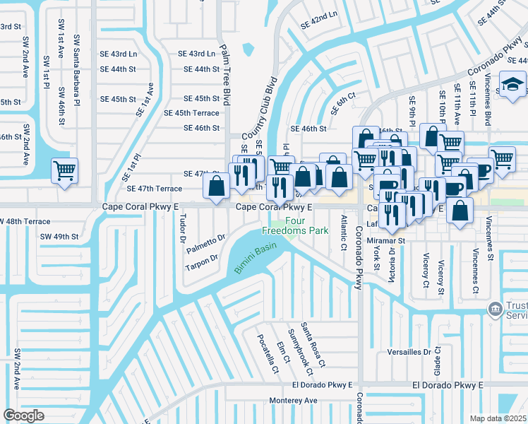 map of restaurants, bars, coffee shops, grocery stores, and more near 440 Cape Coral Parkway East in Cape Coral