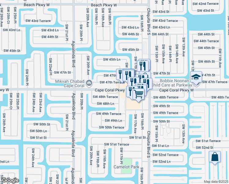 map of restaurants, bars, coffee shops, grocery stores, and more near 1803 Southwest 48th Terrace in Cape Coral