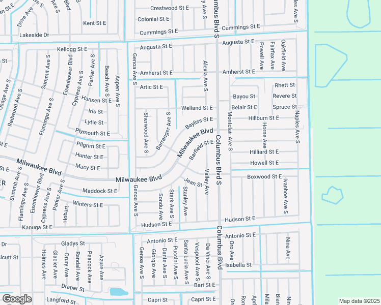 map of restaurants, bars, coffee shops, grocery stores, and more near 1147 Barfield Street East in Lehigh Acres
