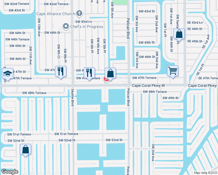 map of restaurants, bars, coffee shops, grocery stores, and more near 4811 Southwest 5th Place in Cape Coral