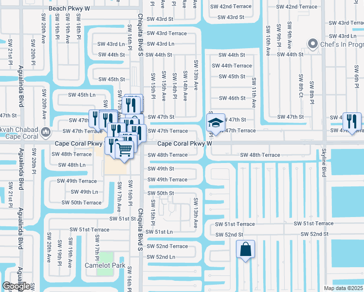 map of restaurants, bars, coffee shops, grocery stores, and more near 1420 Cape Coral Parkway West in Cape Coral
