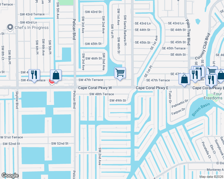 map of restaurants, bars, coffee shops, grocery stores, and more near 151 Southwest 48th Terrace in Cape Coral