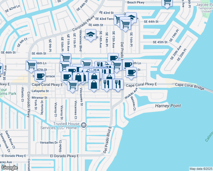 map of restaurants, bars, coffee shops, grocery stores, and more near 1419 Lafayette Street in Cape Coral