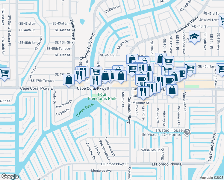 map of restaurants, bars, coffee shops, grocery stores, and more near 4814 Manor Court in Cape Coral