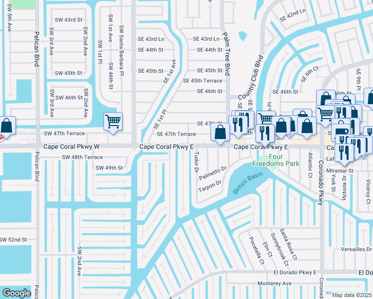 map of restaurants, bars, coffee shops, grocery stores, and more near 4802 Tudor Drive in Cape Coral
