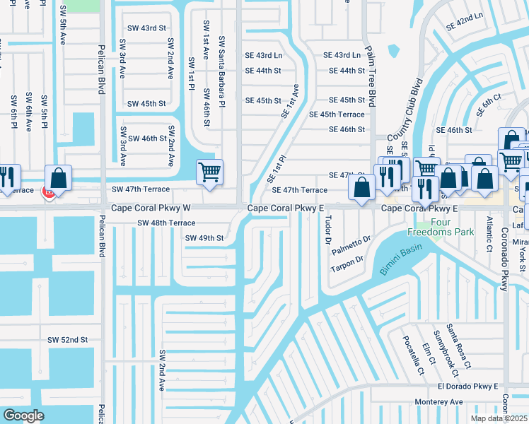 map of restaurants, bars, coffee shops, grocery stores, and more near 227 Santa Monica Court in Cape Coral