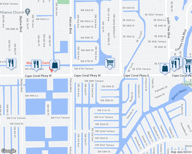 map of restaurants, bars, coffee shops, grocery stores, and more near 207 Southwest 48th Terrace in Cape Coral