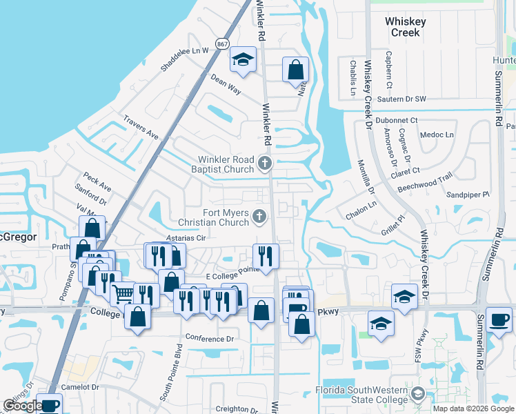 map of restaurants, bars, coffee shops, grocery stores, and more near 977 Burning Bark Drive in Fort Myers