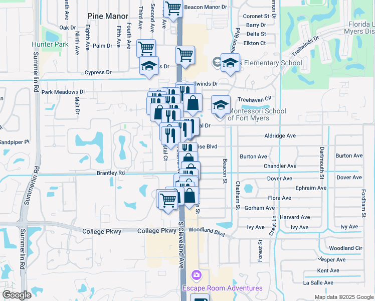 map of restaurants, bars, coffee shops, grocery stores, and more near 12453 South Cleveland Avenue in Fort Myers