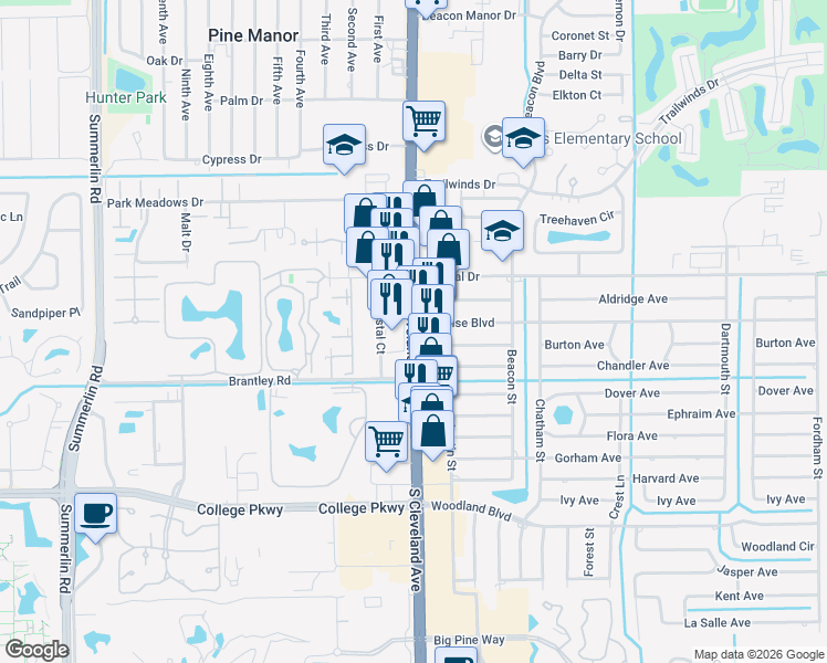 map of restaurants, bars, coffee shops, grocery stores, and more near 12453 South Cleveland Avenue in Fort Myers