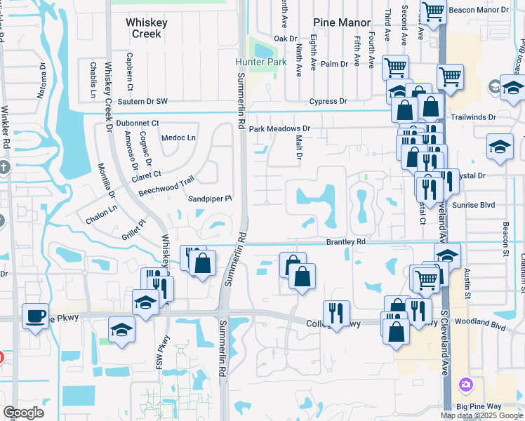 map of restaurants, bars, coffee shops, grocery stores, and more near 1539 Brantley Road in Fort Myers