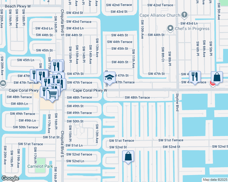 map of restaurants, bars, coffee shops, grocery stores, and more near 1129 Southwest 48th Terrace in Cape Coral