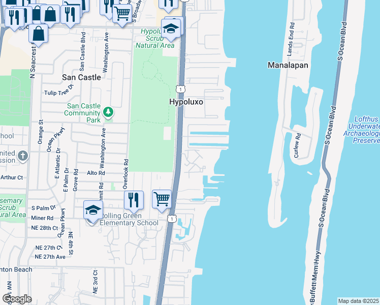 map of restaurants, bars, coffee shops, grocery stores, and more near 50 Scotia Drive in Hypoluxo