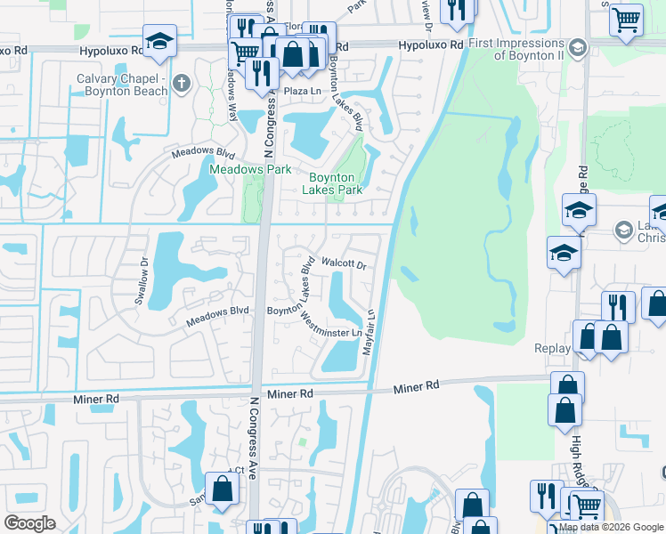 map of restaurants, bars, coffee shops, grocery stores, and more near 23 Walcott Drive in Boynton Beach