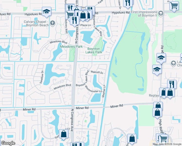 map of restaurants, bars, coffee shops, grocery stores, and more near 2 Fawlkland Circle in Boynton Beach