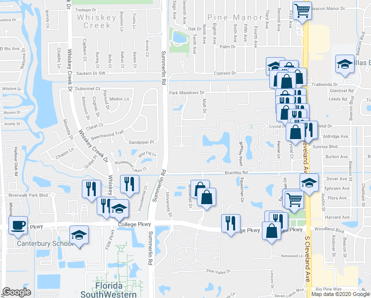 map of restaurants, bars, coffee shops, grocery stores, and more near 12444 Brantley Commons Court in Fort Myers