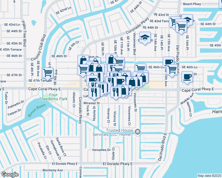 map of restaurants, bars, coffee shops, grocery stores, and more near 4813 Candia Street in Cape Coral