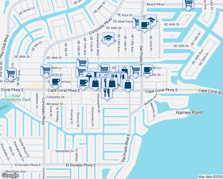 map of restaurants, bars, coffee shops, grocery stores, and more near 1323 Lafayette Street in Cape Coral
