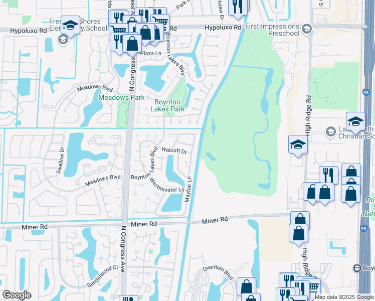map of restaurants, bars, coffee shops, grocery stores, and more near 6 Walcott Drive in Boynton Beach