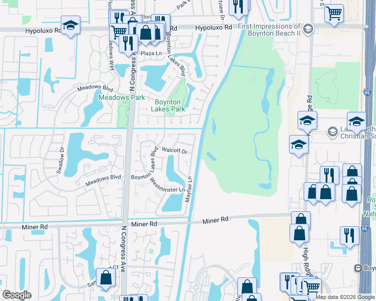 map of restaurants, bars, coffee shops, grocery stores, and more near 6 Walcott Drive in Boynton Beach
