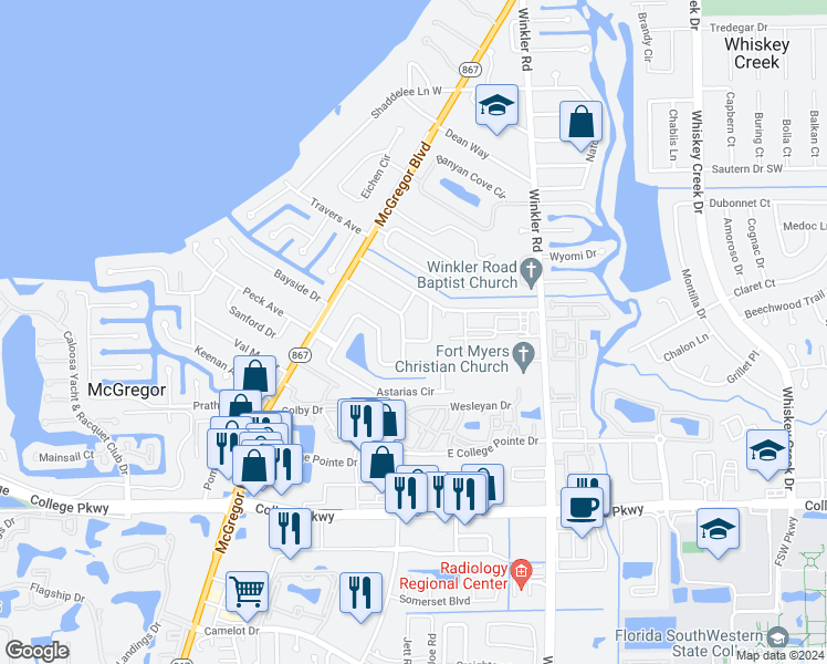 map of restaurants, bars, coffee shops, grocery stores, and more near 5812 Algiers Street in Fort Myers