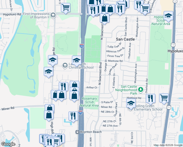 map of restaurants, bars, coffee shops, grocery stores, and more near 301 Pine Point Drive in Boynton Beach