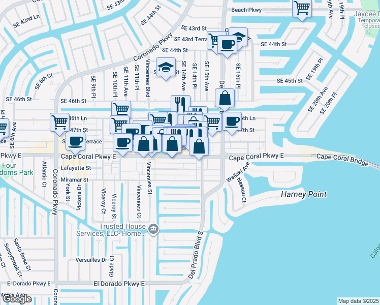 map of restaurants, bars, coffee shops, grocery stores, and more near 4724 Southeast 15th Avenue in Cape Coral
