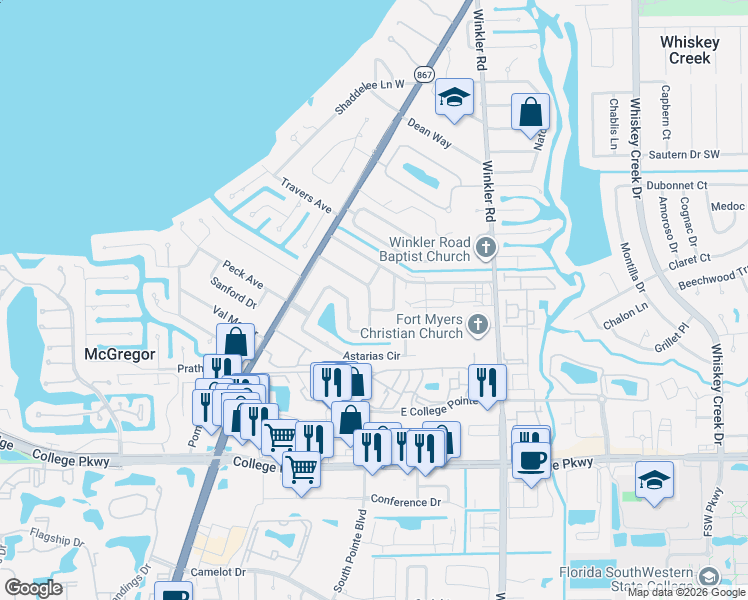 map of restaurants, bars, coffee shops, grocery stores, and more near 5812 Algiers Street in Fort Myers