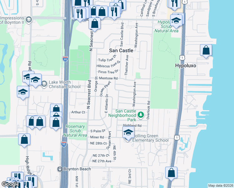 map of restaurants, bars, coffee shops, grocery stores, and more near 491 Oleander Road in Lantana