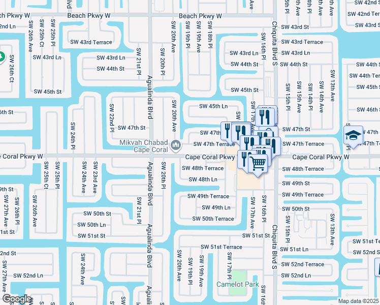map of restaurants, bars, coffee shops, grocery stores, and more near 1914 Southwest 47th Terrace in Cape Coral